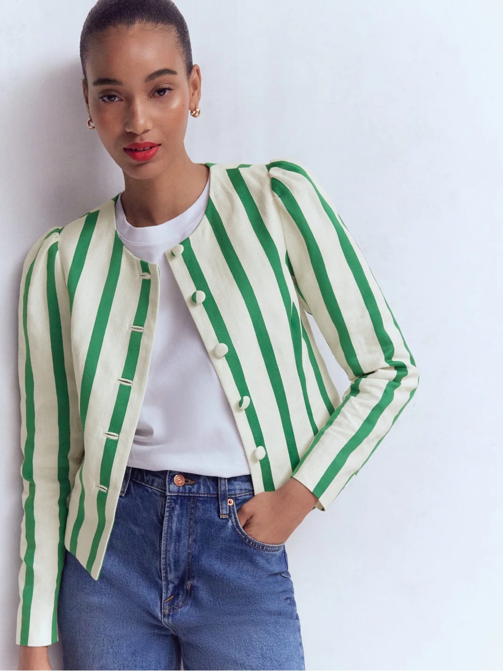 Boden Salisbury Puff Sleeve Jacket ivory/green stripe brand new nvr worn sz 10!